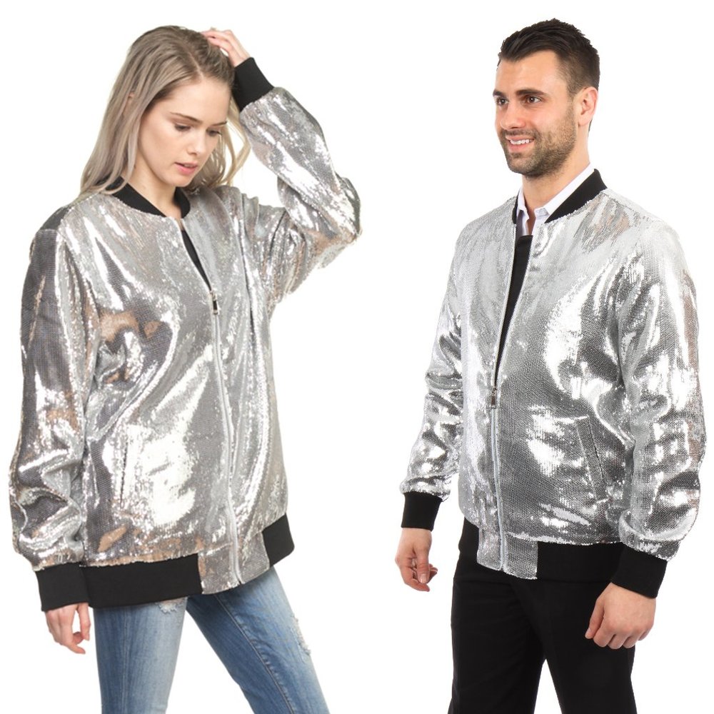 UNISEX, Men's SIZE Solid Sequin Slim-Fit Bomber Jacket, Silver - Picture 1 of 6